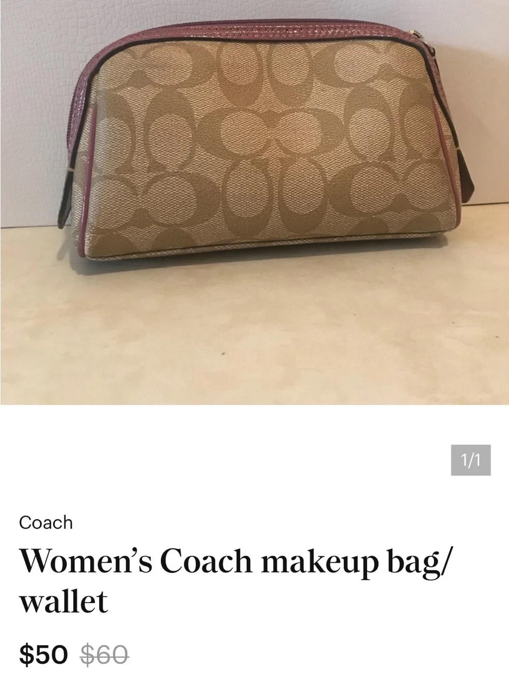 Coach Khaki Signature Canvas Cosmetic Case with mauve  Trim